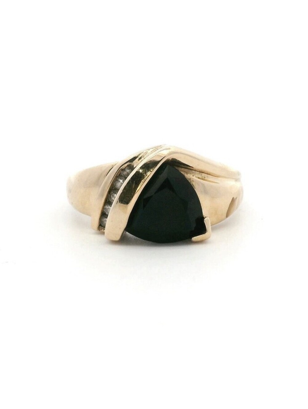 10k Yellow Gold Faceted Trillion Shaped Black Onyx & Diamond Ring Size 5.5! M387